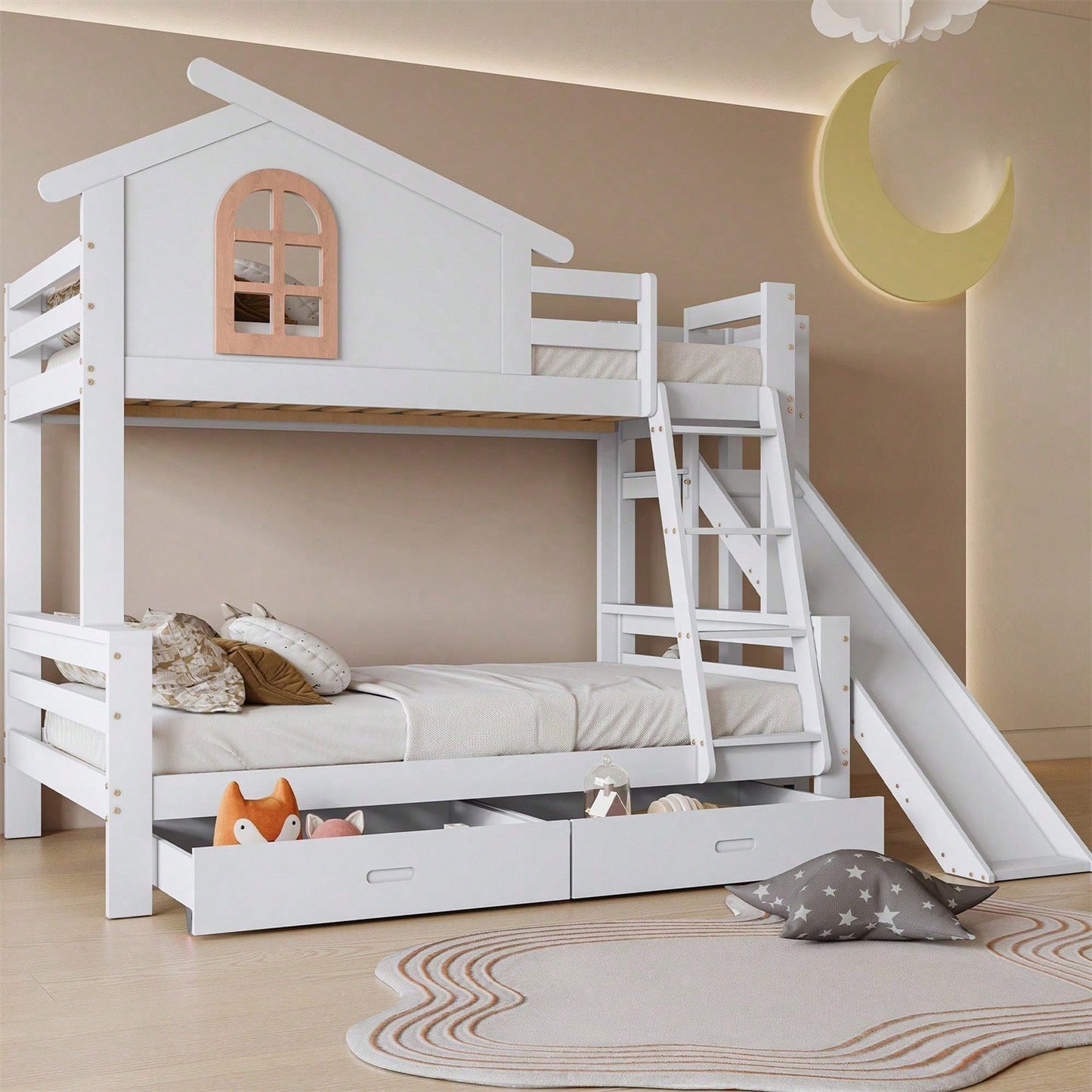 Etagenbett mit charakteristischen Fenstern und vierstufiger Kipptreppe, Kinder und Mutterbett mit mit Rutsche, mit zwei Schubladen, Bettrahmen aus Massivholz, Weiß, 90x200 & 120x200cm