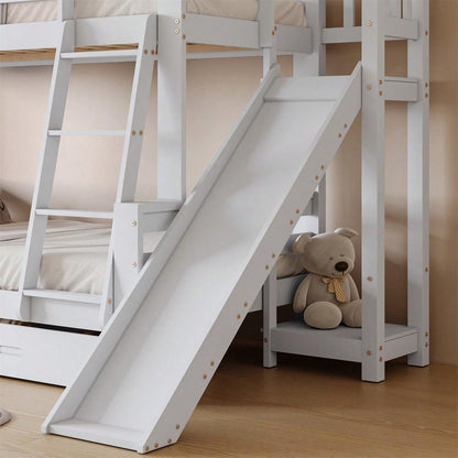 Etagenbett mit charakteristischen Fenstern und vierstufiger Kipptreppe, Kinder und Mutterbett mit mit Rutsche, mit zwei Schubladen, Bettrahmen aus Massivholz, Weiß, 90x200 & 120x200cm