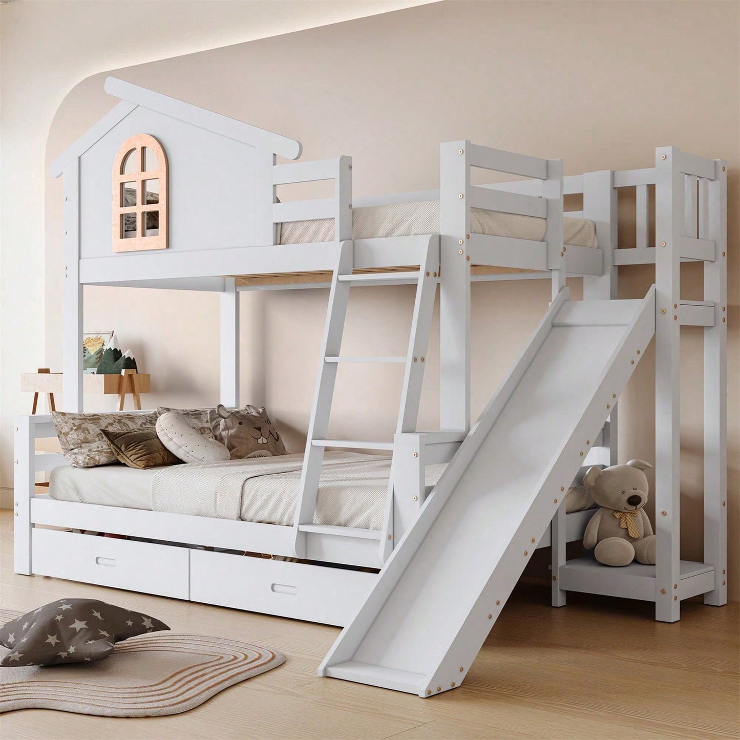 Etagenbett mit charakteristischen Fenstern und vierstufiger Kipptreppe, Kinder und Mutterbett mit mit Rutsche, mit zwei Schubladen, Bettrahmen aus Massivholz, Weiß, 90x200 & 120x200cm