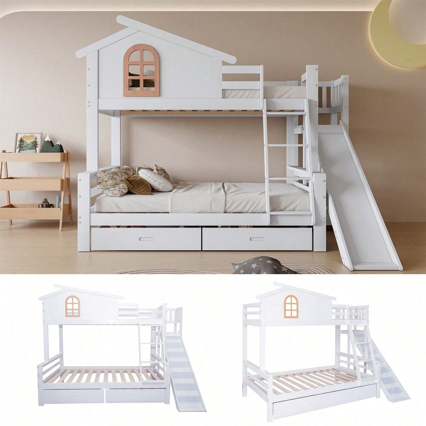 Etagenbett mit charakteristischen Fenstern und vierstufiger Kipptreppe, Kinder und Mutterbett mit mit Rutsche, mit zwei Schubladen, Bettrahmen aus Massivholz, Weiß, 90x200 & 120x200cm