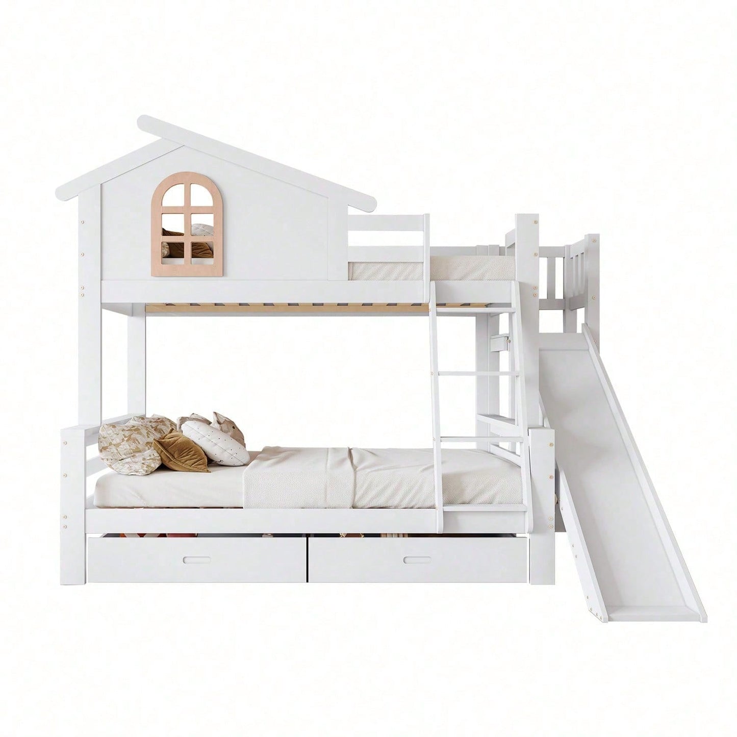 Etagenbett mit charakteristischen Fenstern und vierstufiger Kipptreppe, Kinder und Mutterbett mit mit Rutsche, mit zwei Schubladen, Bettrahmen aus Massivholz, Weiß, 90x200 & 120x200cm