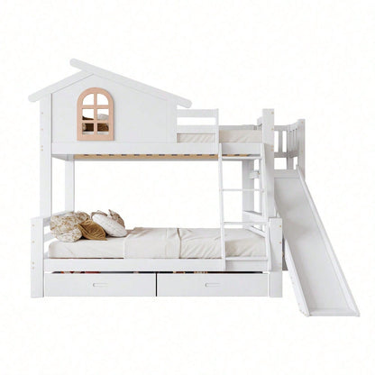 Etagenbett mit charakteristischen Fenstern und vierstufiger Kipptreppe, Kinder und Mutterbett mit mit Rutsche, mit zwei Schubladen, Bettrahmen aus Massivholz, Weiß, 90x200 & 120x200cm