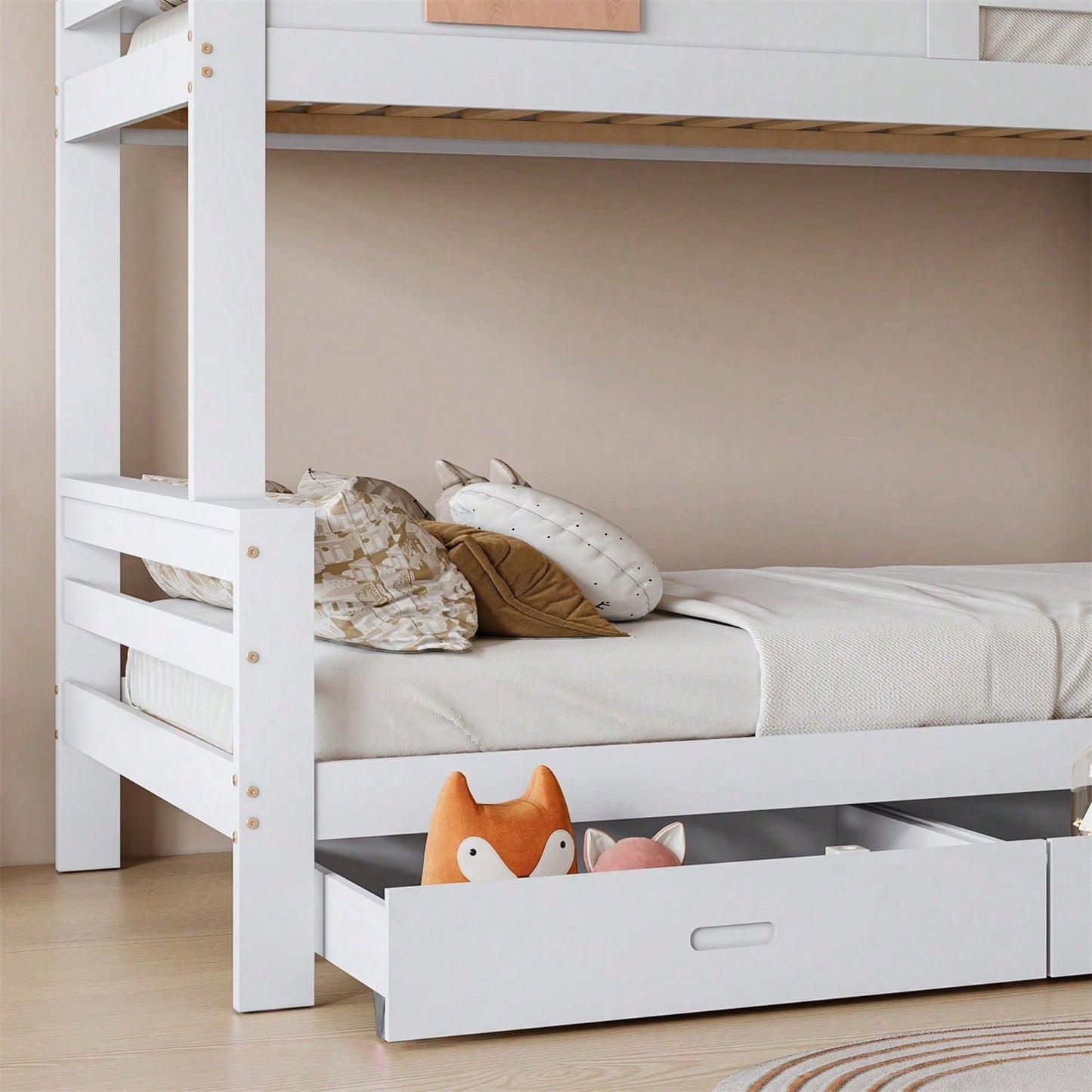 Etagenbett mit charakteristischen Fenstern und vierstufiger Kipptreppe, Kinder und Mutterbett mit mit Rutsche, mit zwei Schubladen, Bettrahmen aus Massivholz, Weiß, 90x200 & 120x200cm