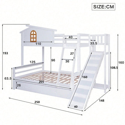 Etagenbett mit charakteristischen Fenstern und vierstufiger Kipptreppe, Kinder und Mutterbett mit mit Rutsche, mit zwei Schubladen, Bettrahmen aus Massivholz, Weiß, 90x200 & 120x200cm
