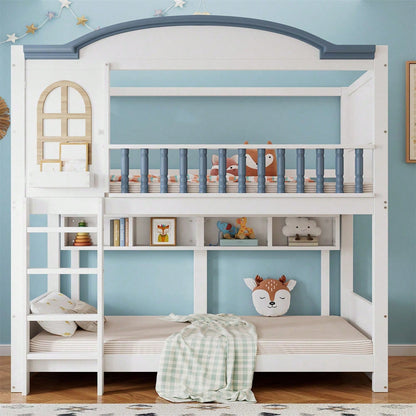 Etagenbett, Kinderbett mit Fallschutz und Gitter, Mit Dach und Fenster, Offenes Regal, Exquisiter Massivholzzaun, Mit vierstufiger Leiter, Kiefer+MDF, Weiß+Blau, 90x200cm