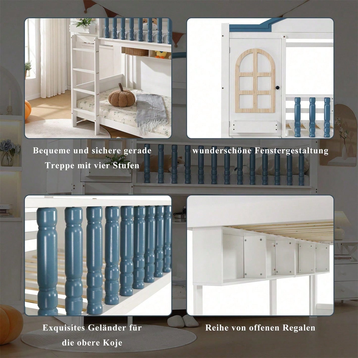 Etagenbett, Kinderbett mit Fallschutz und Gitter, Mit Dach und Fenster, Offenes Regal, Exquisiter Massivholzzaun, Mit vierstufiger Leiter, Kiefer+MDF, Weiß+Blau, 90x200cm