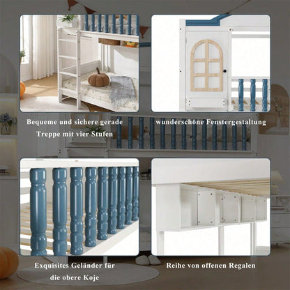 Etagenbett, Kinderbett mit Fallschutz und Gitter, Mit Dach und Fenster, Offenes Regal, Exquisiter Massivholzzaun, Mit vierstufiger Leiter, Kiefer+MDF, Weiß+Blau, 90x200cm