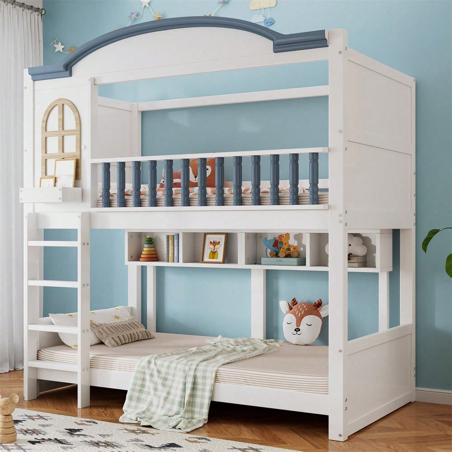 Etagenbett, Kinderbett mit Fallschutz und Gitter, Mit Dach und Fenster, Offenes Regal, Exquisiter Massivholzzaun, Mit vierstufiger Leiter, Kiefer+MDF, Weiß+Blau, 90x200cm