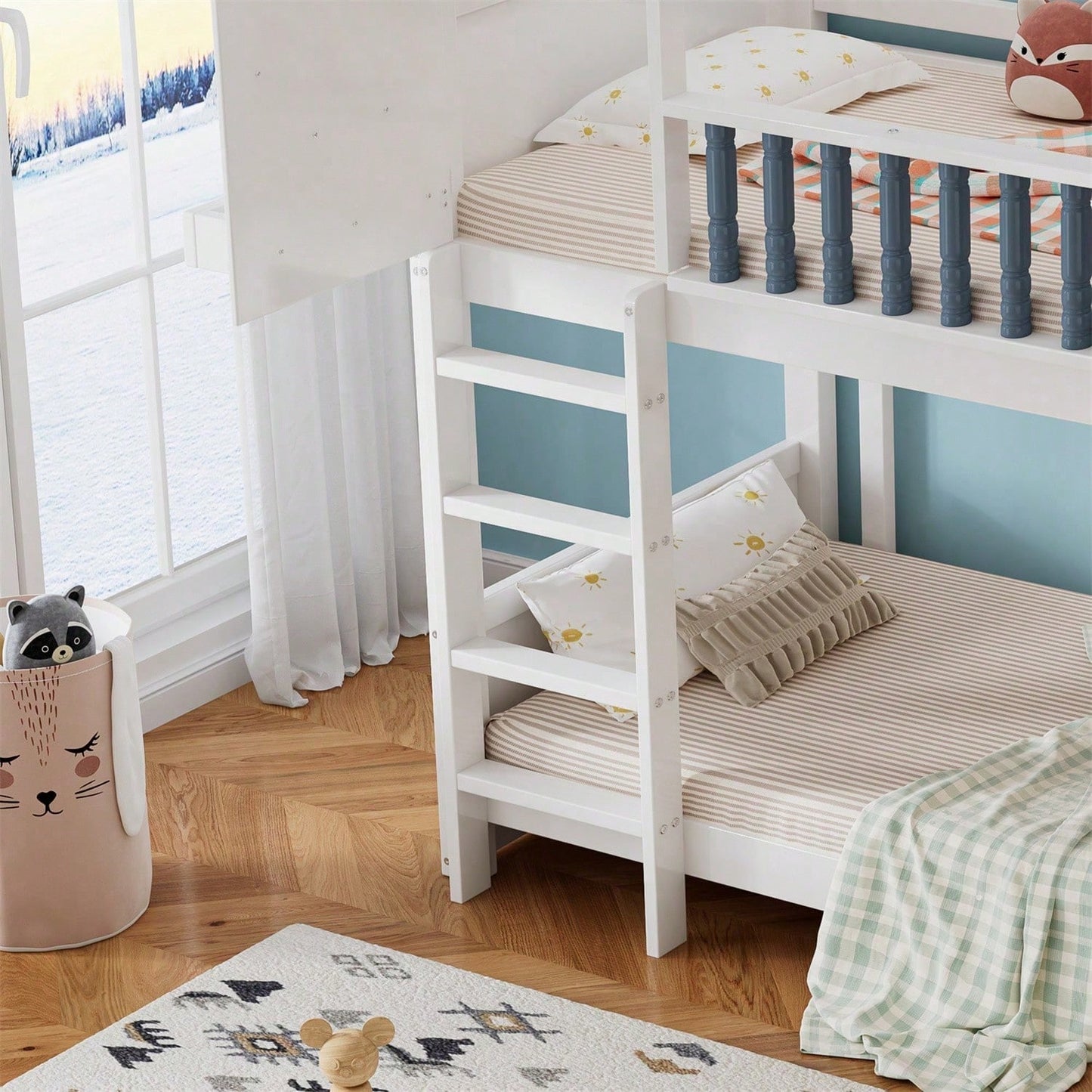Etagenbett, Kinderbett mit Fallschutz und Gitter, Mit Dach und Fenster, Offenes Regal, Exquisiter Massivholzzaun, Mit vierstufiger Leiter, Kiefer+MDF, Weiß+Blau, 90x200cm
