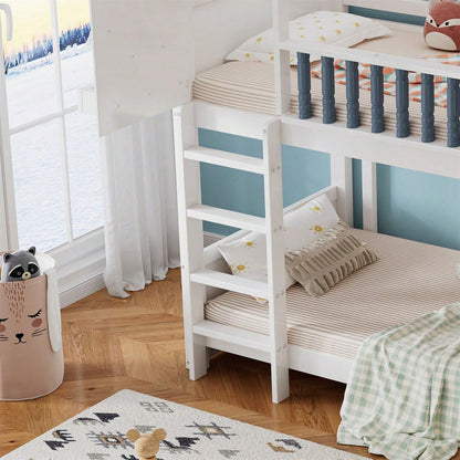 Etagenbett, Kinderbett mit Fallschutz und Gitter, Mit Dach und Fenster, Offenes Regal, Exquisiter Massivholzzaun, Mit vierstufiger Leiter, Kiefer+MDF, Weiß+Blau, 90x200cm