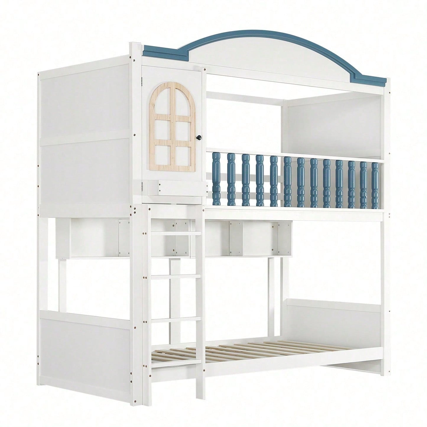 Etagenbett, Kinderbett mit Fallschutz und Gitter, Mit Dach und Fenster, Offenes Regal, Exquisiter Massivholzzaun, Mit vierstufiger Leiter, Kiefer+MDF, Weiß+Blau, 90x200cm