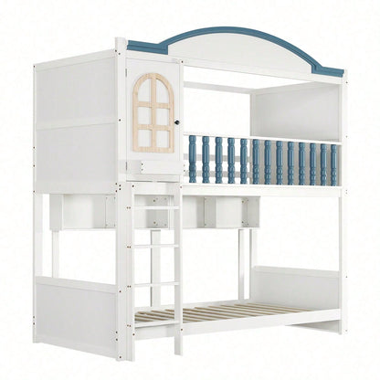 Etagenbett, Kinderbett mit Fallschutz und Gitter, Mit Dach und Fenster, Offenes Regal, Exquisiter Massivholzzaun, Mit vierstufiger Leiter, Kiefer+MDF, Weiß+Blau, 90x200cm