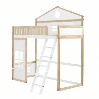 Etagenbett, Hausbett, mit Treppe, mit Fallschutz und Gitter, Kinderbett mit Dach und Fenster, Frei gestaltetes Unterbett, Rahmen aus Kiefer, Kiefer+MDF, Weiß+Natur, 90x200cm