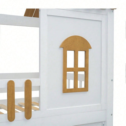 Etagenbett, Reichlich Stauraum, Holzbett, mit Kleiderschrank, mit Fenster, Rahmen aus Kiefer, mit Schuhschrank, sichere Treppenstufen, minimalistisches Design, stabiles Geländer, weiß+Natur, 90x200cm