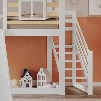 Etagenbett, Holzbett mit Treppe und Gitter, mit Rutsche und Fenster, Blockhaus Kinderbett mit Absturzsicherung, Bettrahmen aus Massivholz, Weiß(90x200 cm)