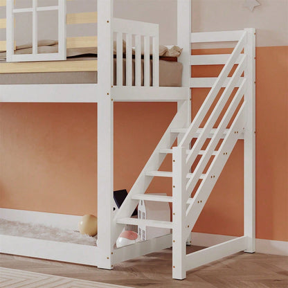 Etagenbett, Holzbett mit Treppe und Gitter, mit Rutsche und Fenster, Blockhaus Kinderbett mit Absturzsicherung, Bettrahmen aus Massivholz, Weiß(90x200 cm)
