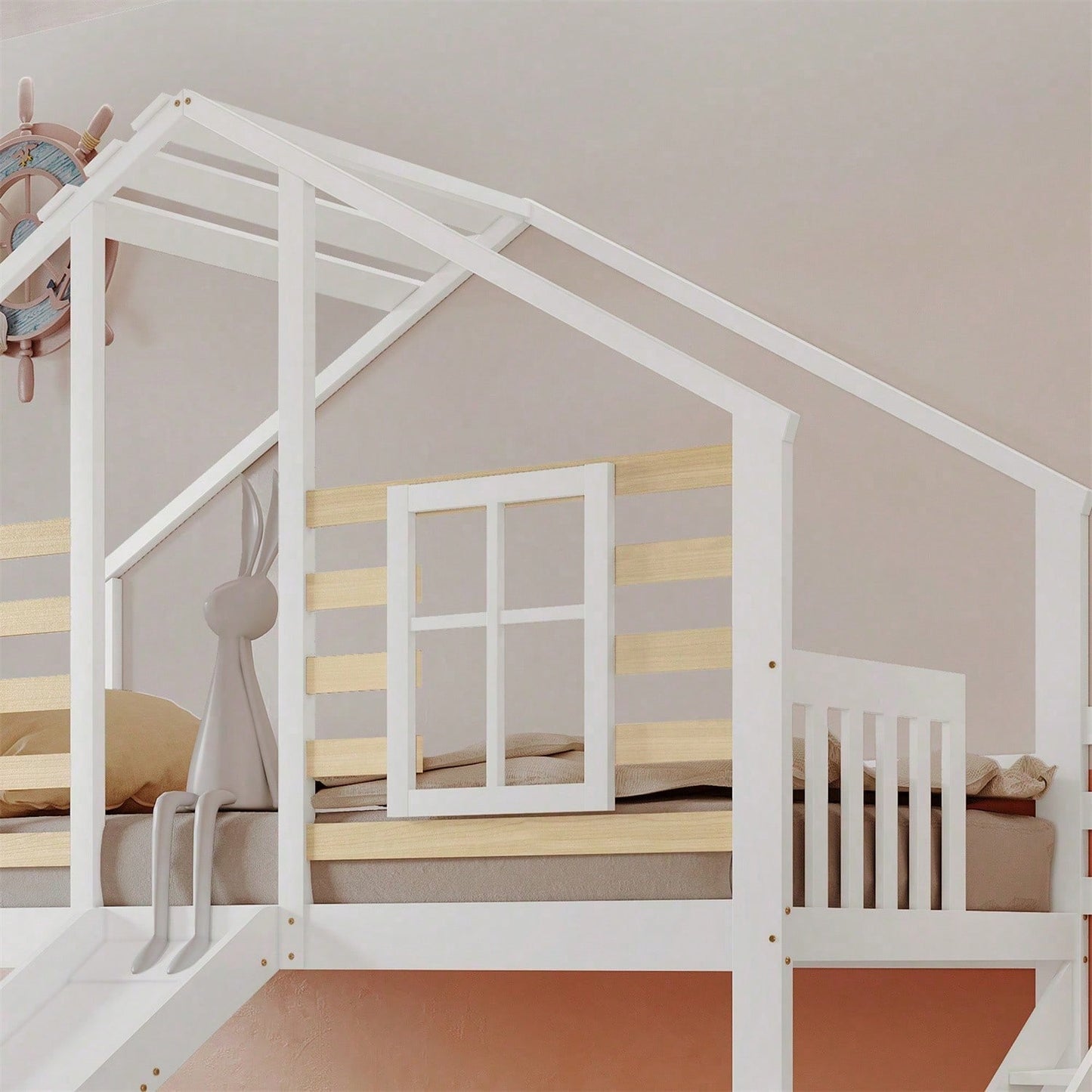 Etagenbett, Holzbett mit Treppe und Gitter, mit Rutsche und Fenster, Blockhaus Kinderbett mit Absturzsicherung, Bettrahmen aus Massivholz, Weiß(90x200 cm)