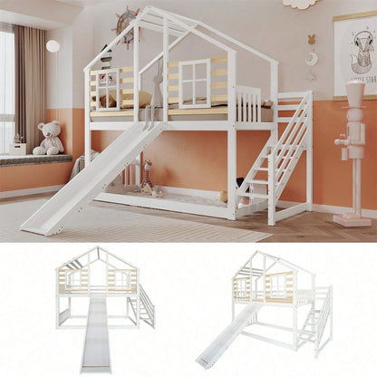 Etagenbett, Holzbett mit Treppe und Gitter, mit Rutsche und Fenster, Blockhaus Kinderbett mit Absturzsicherung, Bettrahmen aus Massivholz, Weiß(90x200 cm)