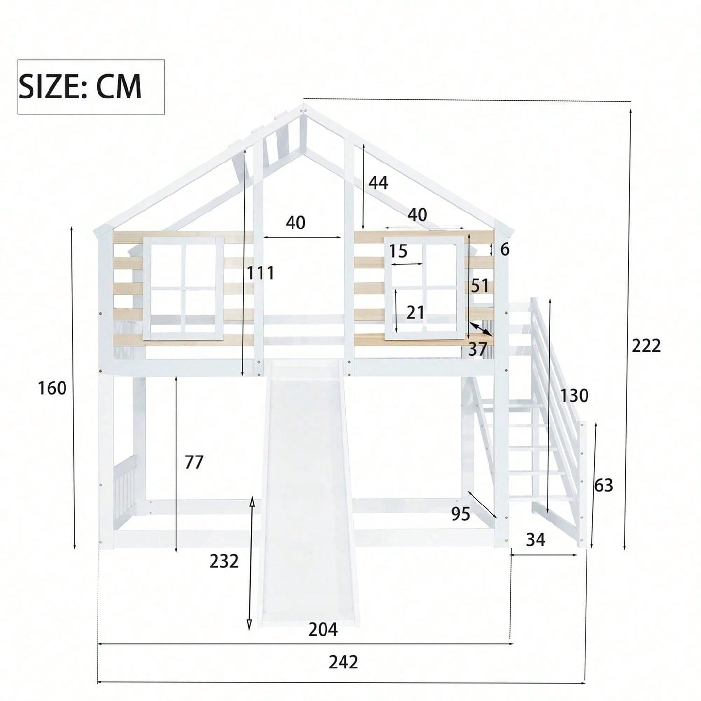 Etagenbett, Holzbett mit Treppe und Gitter, mit Rutsche und Fenster, Blockhaus Kinderbett mit Absturzsicherung, Bettrahmen aus Massivholz, Weiß(90x200 cm)