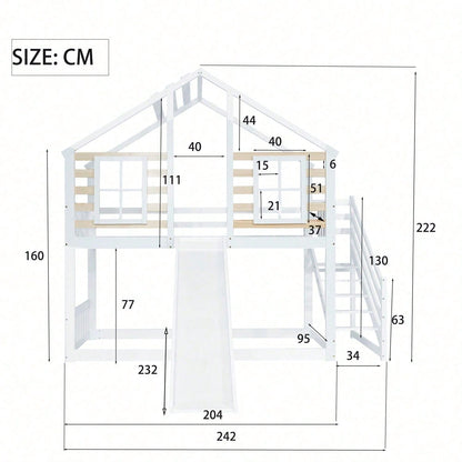Etagenbett, Holzbett mit Treppe und Gitter, mit Rutsche und Fenster, Blockhaus Kinderbett mit Absturzsicherung, Bettrahmen aus Massivholz, Weiß(90x200 cm)