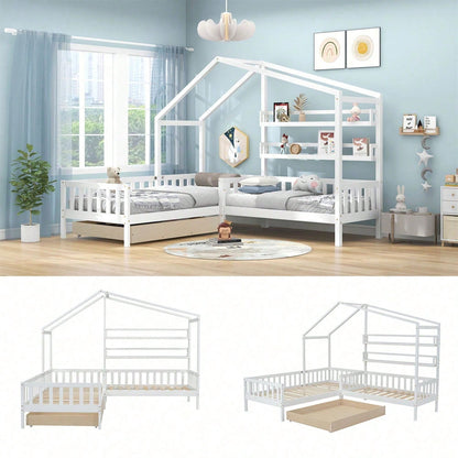 Kinderbett Hausbett mit Schubladen und Regalen, Massivholz mit Zaun und Lattenrost, L-Struktur, Weiß (90x200 cm+140x70cm)