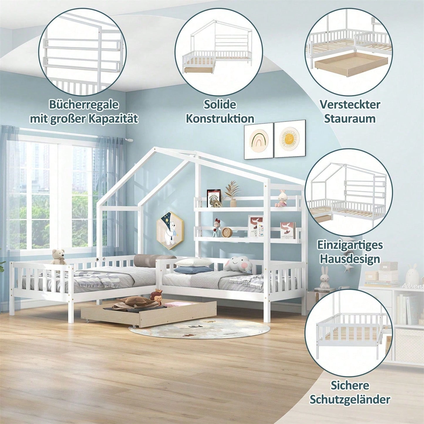 Kinderbett Hausbett mit Schubladen und Regalen, Massivholz mit Zaun und Lattenrost, L-Struktur, Weiß (90x200 cm+140x70cm)
