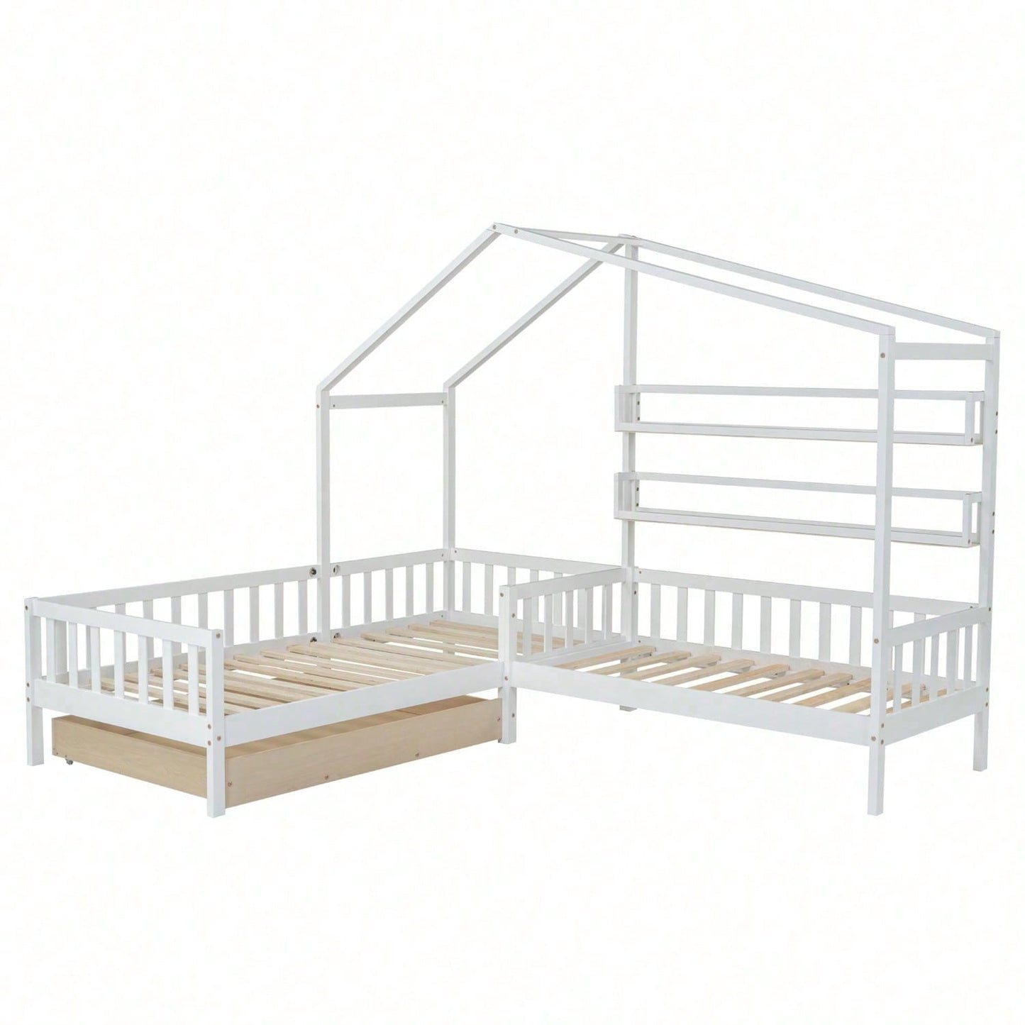 Kinderbett Hausbett mit Schubladen und Regalen, Massivholz mit Zaun und Lattenrost, L-Struktur, Weiß (90x200 cm+140x70cm)