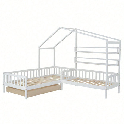 Kinderbett Hausbett mit Schubladen und Regalen, Massivholz mit Zaun und Lattenrost, L-Struktur, Weiß (90x200 cm+140x70cm)