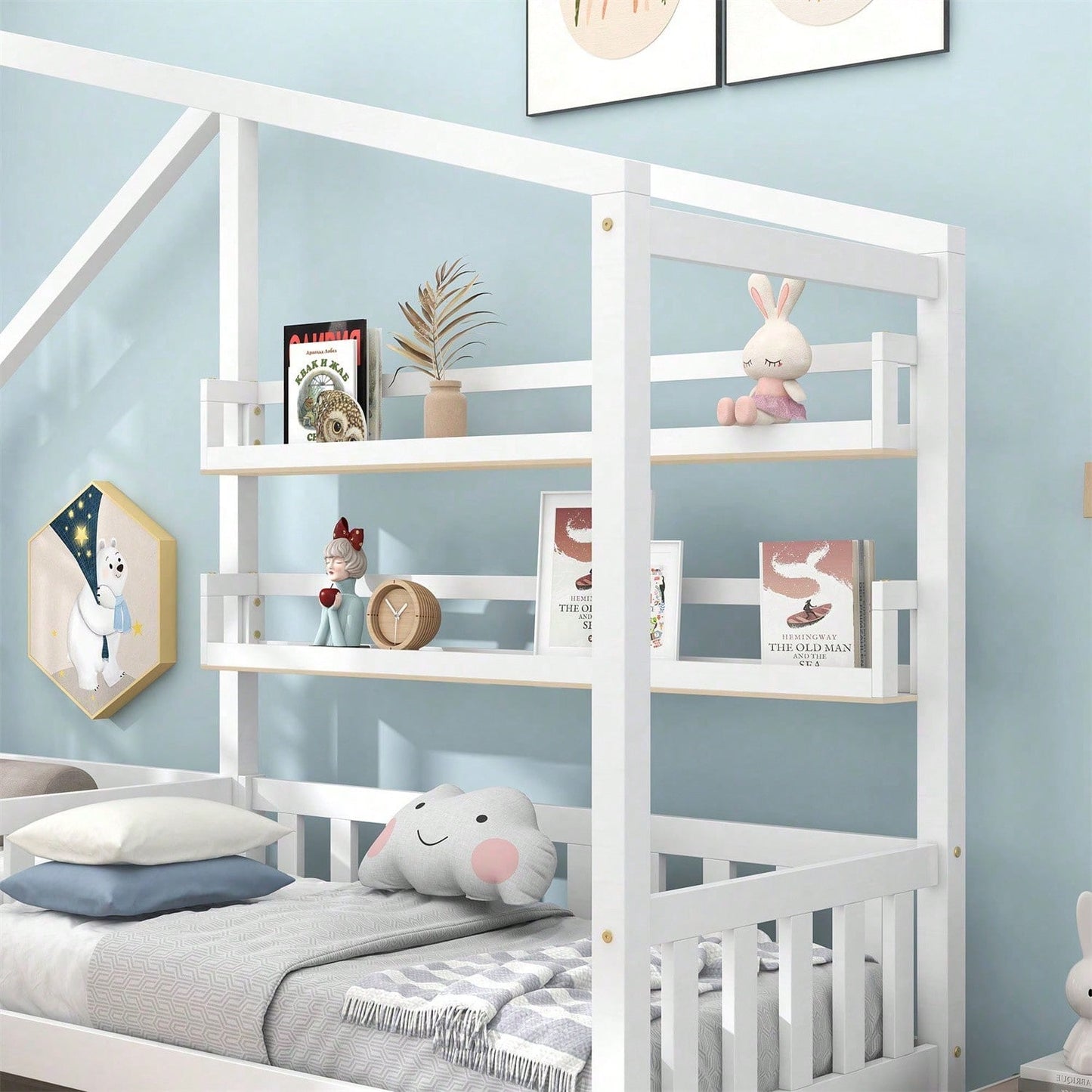 Kinderbett Hausbett mit Schubladen und Regalen, Massivholz mit Zaun und Lattenrost, L-Struktur, Weiß (90x200 cm+140x70cm)