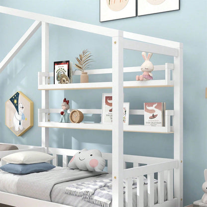 Kinderbett Hausbett mit Schubladen und Regalen, Massivholz mit Zaun und Lattenrost, L-Struktur, Weiß (90x200 cm+140x70cm)