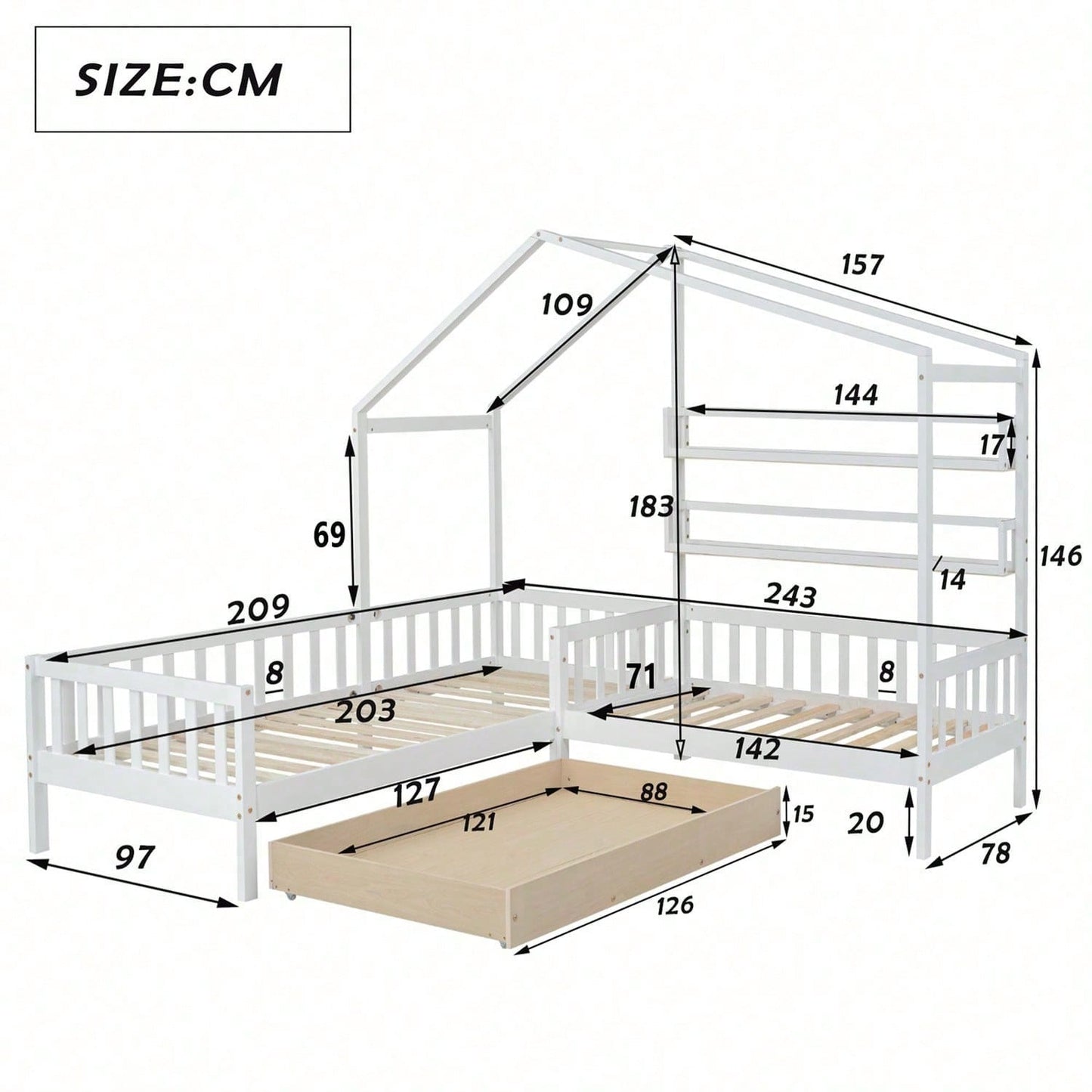 Kinderbett Hausbett mit Schubladen und Regalen, Massivholz mit Zaun und Lattenrost, L-Struktur, Weiß (90x200 cm+140x70cm)