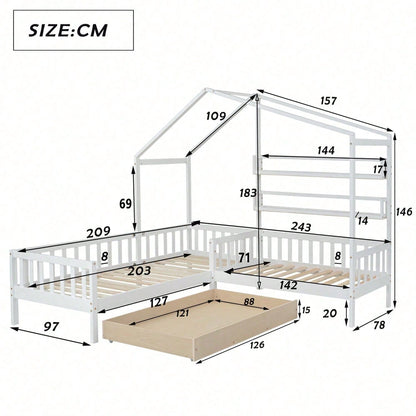 Kinderbett Hausbett mit Schubladen und Regalen, Massivholz mit Zaun und Lattenrost, L-Struktur, Weiß (90x200 cm+140x70cm)