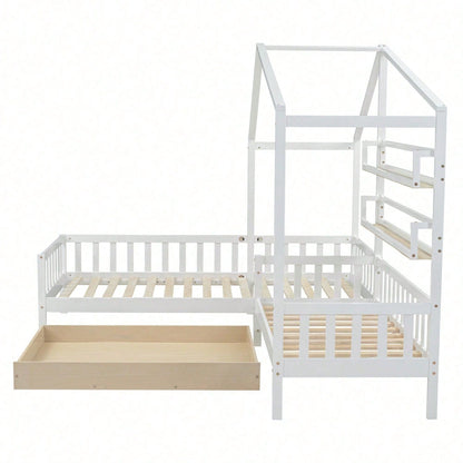 Kinderbett Hausbett mit Schubladen und Regalen, Massivholz mit Zaun und Lattenrost, L-Struktur, Weiß (90x200 cm+140x70cm)