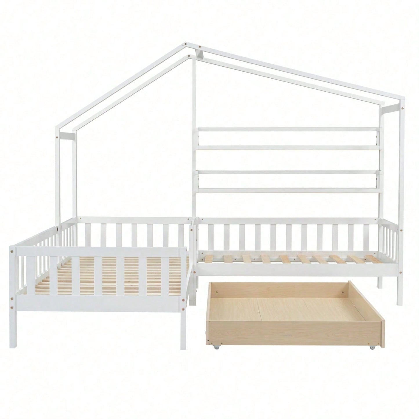 Kinderbett Hausbett mit Schubladen und Regalen, Massivholz mit Zaun und Lattenrost, L-Struktur, Weiß (90x200 cm+140x70cm)