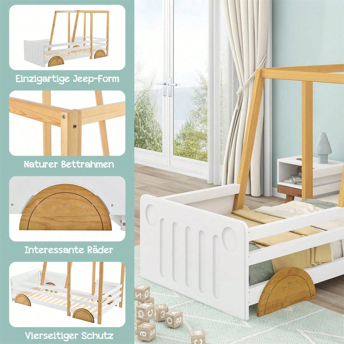 Autobett, Kinderbett mit MDF-Rädern, Rahmen aus Kiefer, weiß + natur (90x200cm)