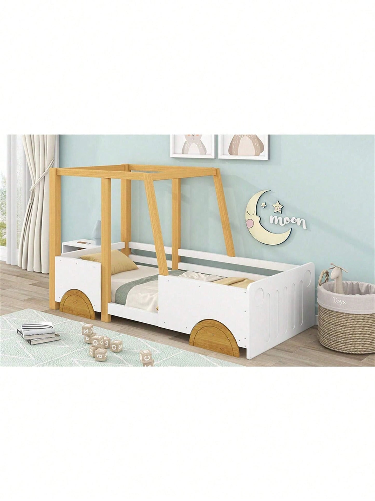 Autobett, Kinderbett mit MDF-Rädern, Rahmen aus Kiefer, weiß + natur (90x200cm)