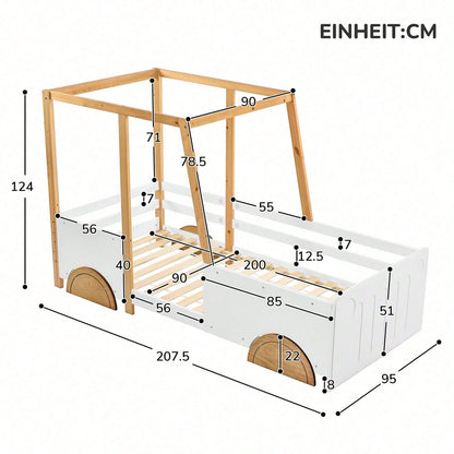 Autobett, Kinderbett mit MDF-Rädern, Rahmen aus Kiefer, weiß + natur (90x200cm)