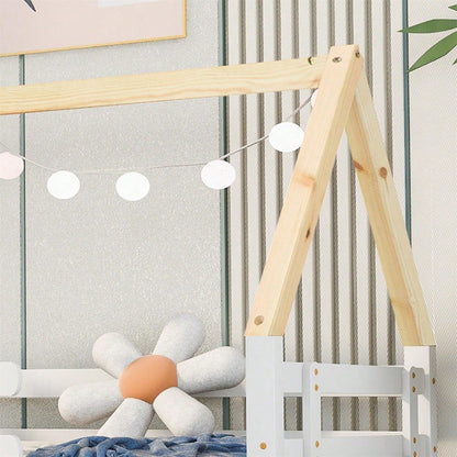 Baumhausbett, Tagesbett, Einzelbett, Kinderbett, Ausziehbett, Schiebebett mit Rollen unten, Massivholz, weißes Bett, naturfarbener Dachstuhl (90x200 & 90x190CM)