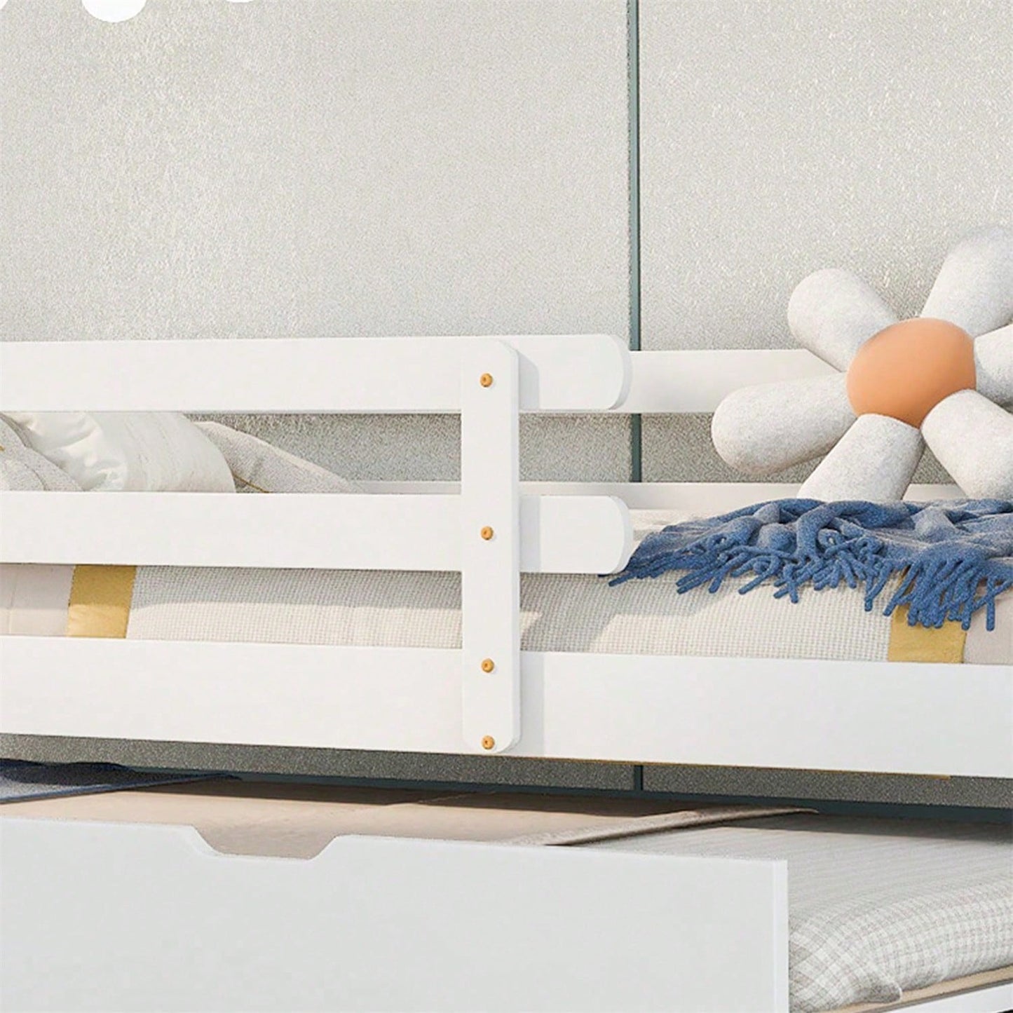 Baumhausbett, Tagesbett, Einzelbett, Kinderbett, Ausziehbett, Schiebebett mit Rollen unten, Massivholz, weißes Bett, naturfarbener Dachstuhl (90x200 & 90x190CM)