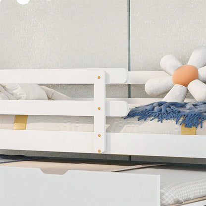 Baumhausbett, Tagesbett, Einzelbett, Kinderbett, Ausziehbett, Schiebebett mit Rollen unten, Massivholz, weißes Bett, naturfarbener Dachstuhl (90x200 & 90x190CM)