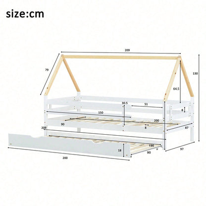 Baumhausbett, Tagesbett, Einzelbett, Kinderbett, Ausziehbett, Schiebebett mit Rollen unten, Massivholz, weißes Bett, naturfarbener Dachstuhl (90x200 & 90x190CM)