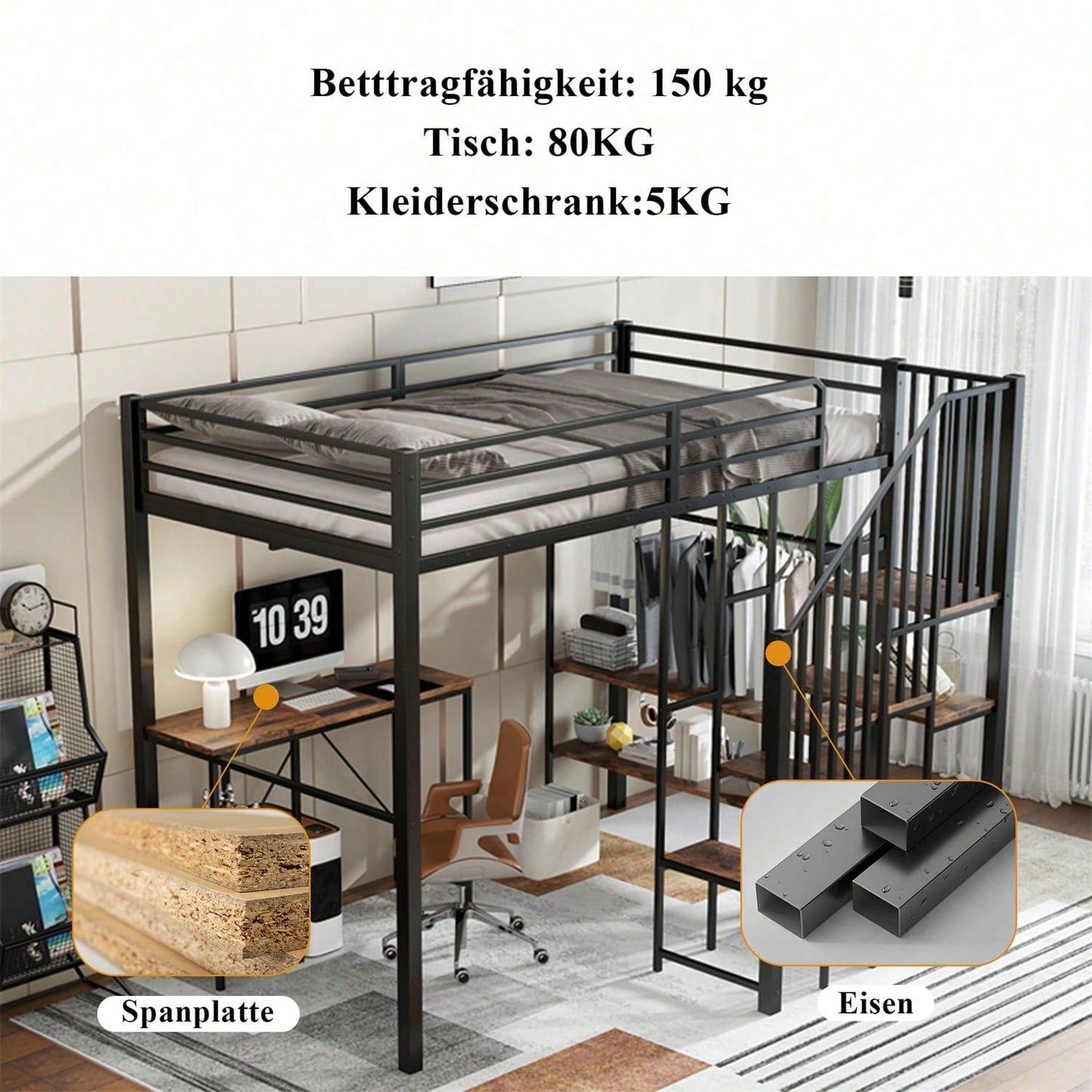 Eisenbett, Etagenbett, Geeignet für Kinder und Jugendliche, Eckleiterschrank mit Stauraum, Mit Tisch und Ablageregal, Mit offenem Kleiderschrank, Eisen+MDF, Schwarz+Vintage-Holzfarbe, 120x200cm