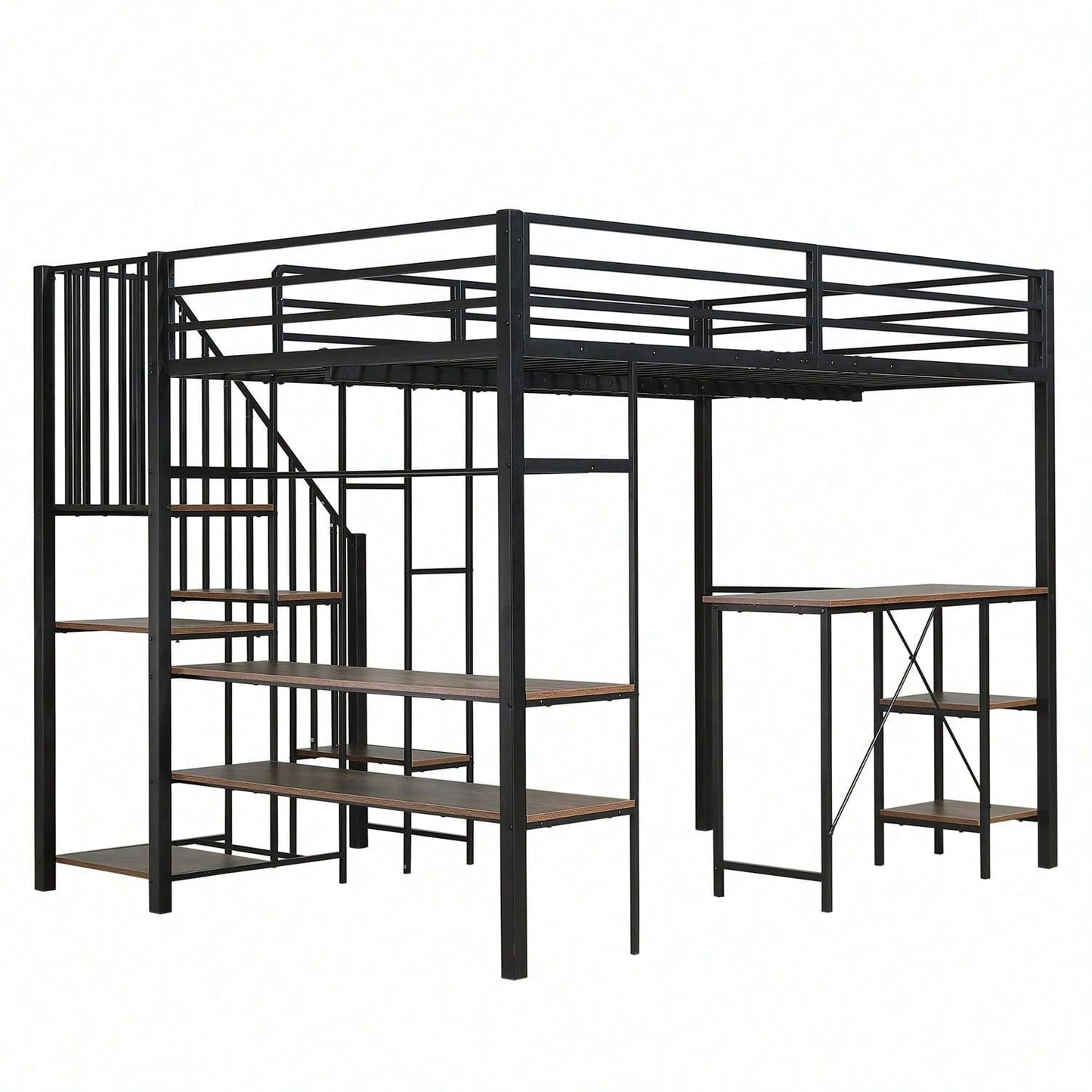 Eisenbett, Etagenbett, Geeignet für Kinder und Jugendliche, Eckleiterschrank mit Stauraum, Mit Tisch und Ablageregal, Mit offenem Kleiderschrank, Eisen+MDF, Schwarz+Vintage-Holzfarbe, 120x200cm