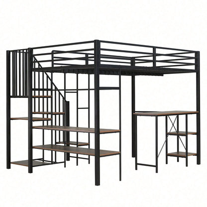 Eisenbett, Etagenbett, Geeignet für Kinder und Jugendliche, Eckleiterschrank mit Stauraum, Mit Tisch und Ablageregal, Mit offenem Kleiderschrank, Eisen+MDF, Schwarz+Vintage-Holzfarbe, 120x200cm