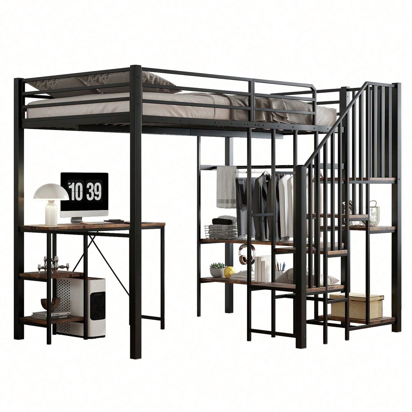 Eisenbett, Etagenbett, Geeignet für Kinder und Jugendliche, Eckleiterschrank mit Stauraum, Mit Tisch und Ablageregal, Mit offenem Kleiderschrank, Eisen+MDF, Schwarz+Vintage-Holzfarbe, 120x200cm