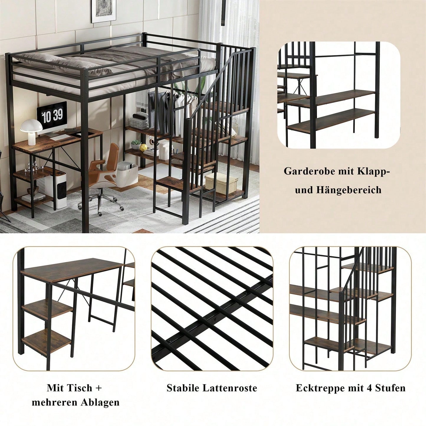 Eisenbett, Etagenbett, Geeignet für Kinder und Jugendliche, Eckleiterschrank mit Stauraum, Mit Tisch und Ablageregal, Mit offenem Kleiderschrank, Eisen+MDF, Schwarz+Vintage-Holzfarbe, 120x200cm