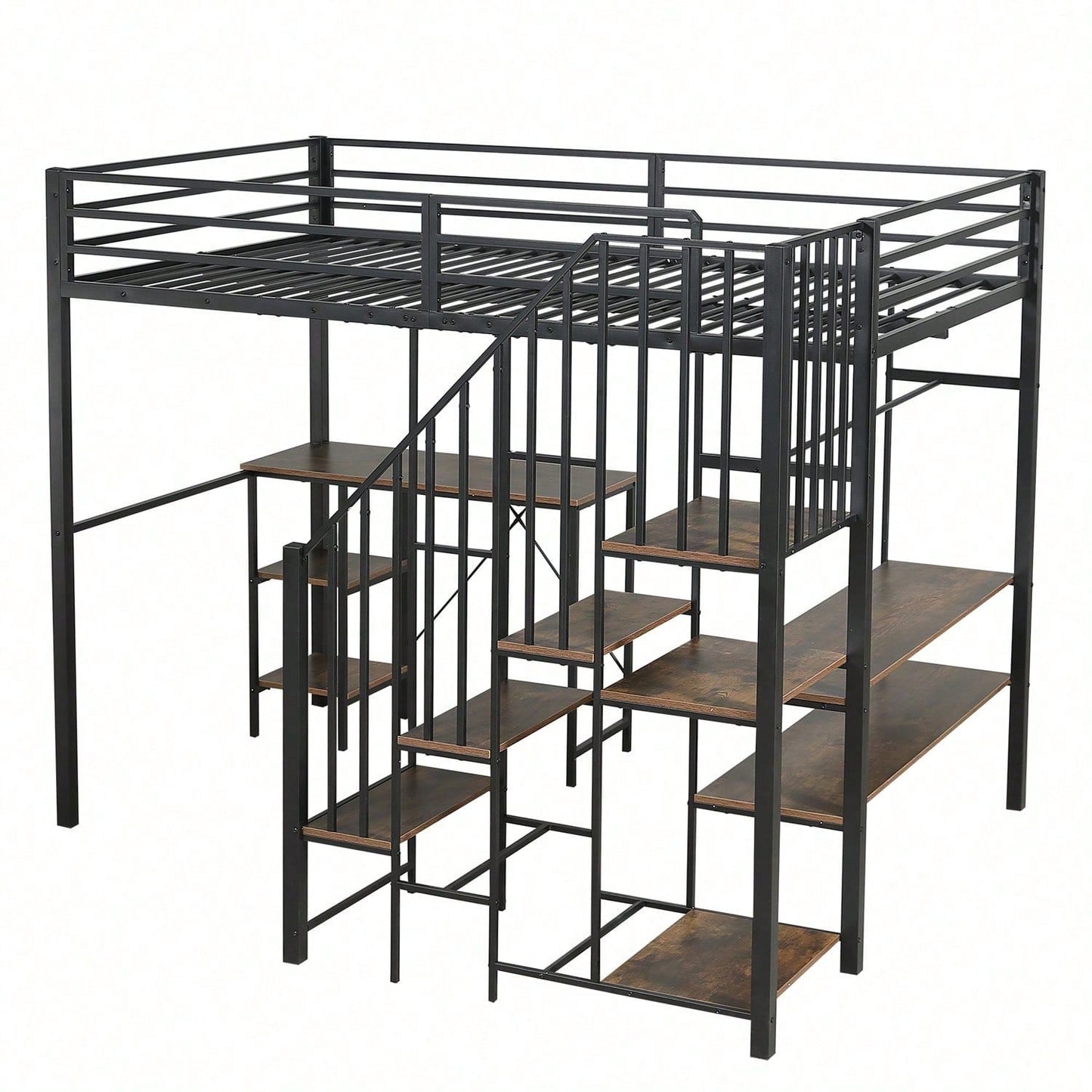 Eisenbett, Etagenbett, Geeignet für Kinder und Jugendliche, Eckleiterschrank mit Stauraum, Mit Tisch und Ablageregal, Mit offenem Kleiderschrank, Eisen+MDF, Schwarz+Vintage-Holzfarbe, 120x200cm