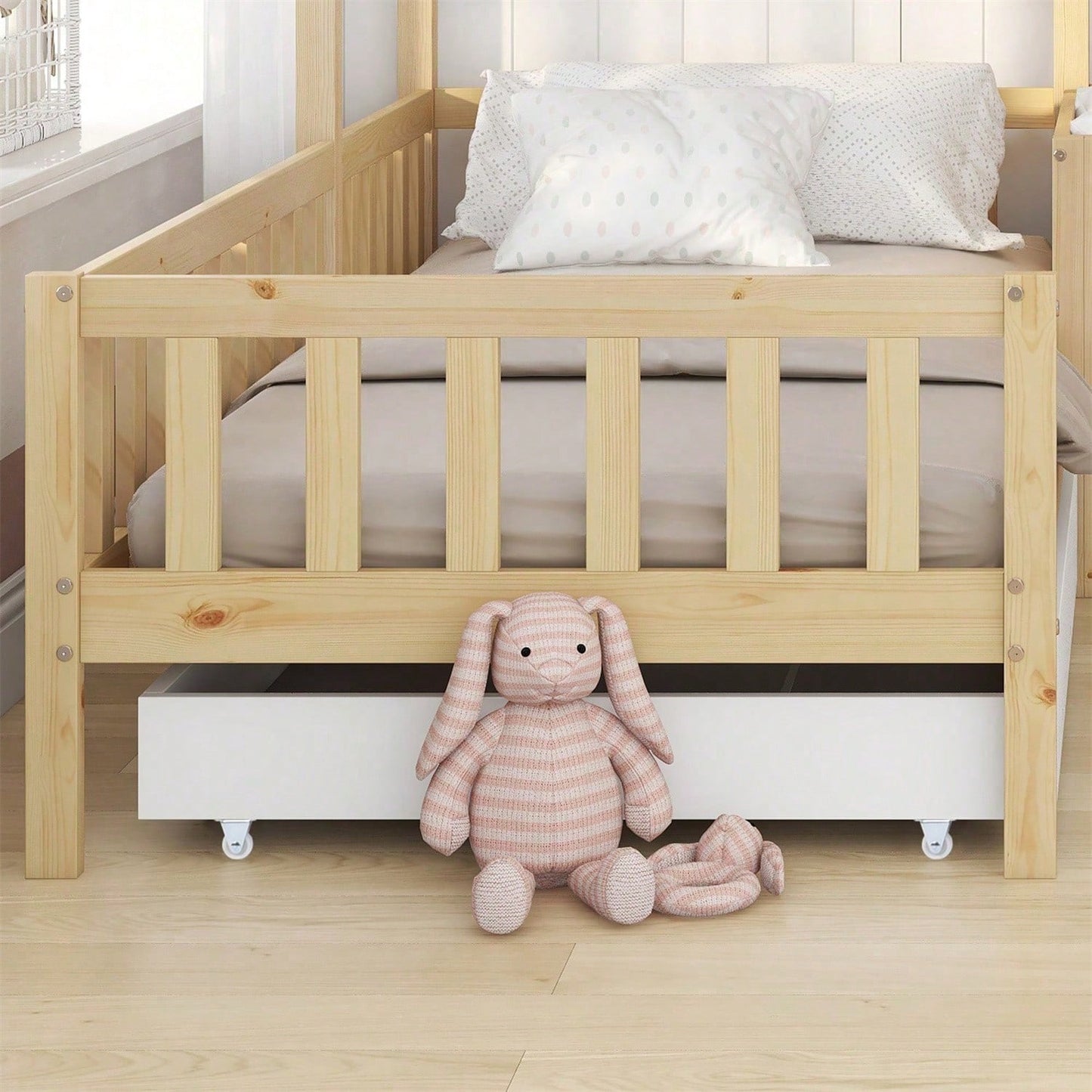 Kinderbett Hausbett mit Schubladen und Regalen, Massivholz mit Zaun und Lattenrost, L-Struktur, Natur (90x200 cm+140x70cm)