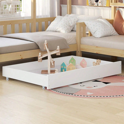 Kinderbett Hausbett mit Schubladen und Regalen, Massivholz mit Zaun und Lattenrost, L-Struktur, Natur (90x200 cm+140x70cm)