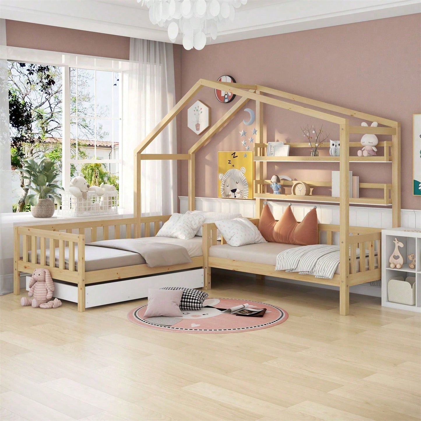 Kinderbett Hausbett mit Schubladen und Regalen, Massivholz mit Zaun und Lattenrost, L-Struktur, Natur (90x200 cm+140x70cm)